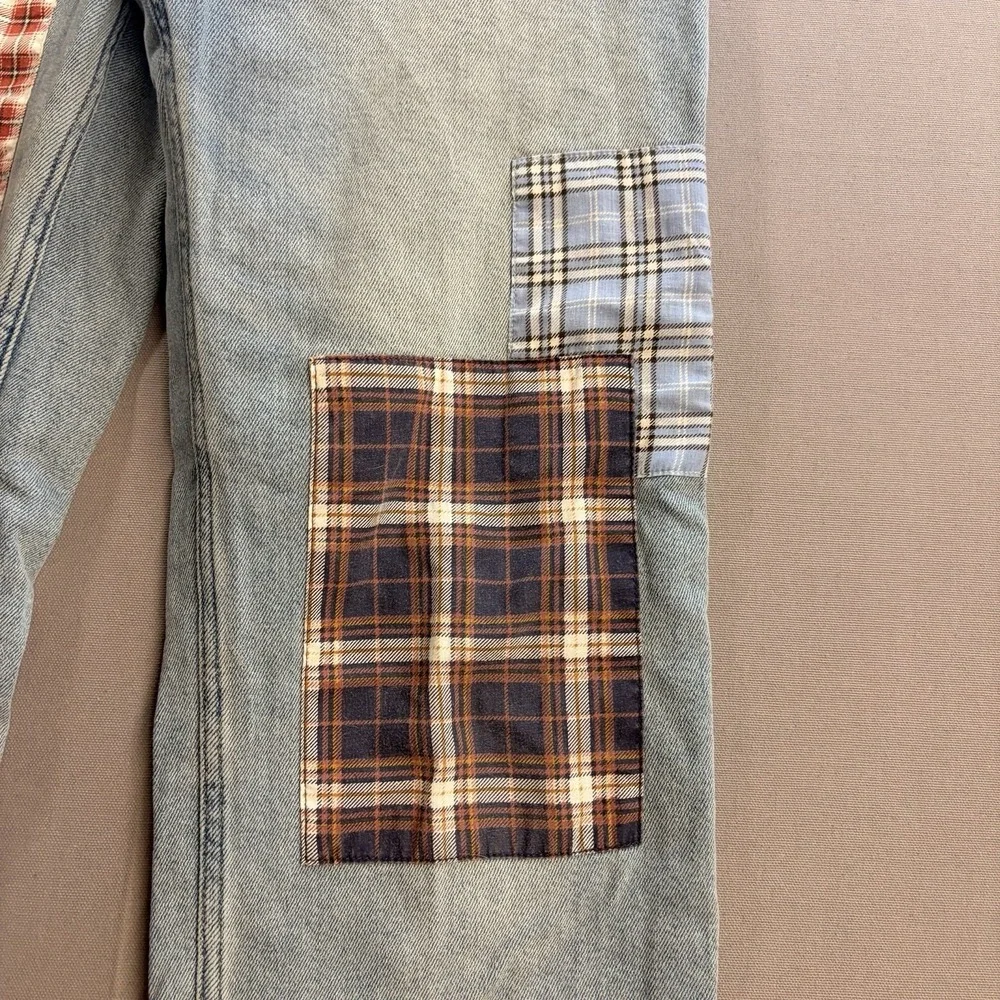 Hollister Ultra High Rise Dad Jeans 26 Plaid Patch Distressed Wide Leg Boho